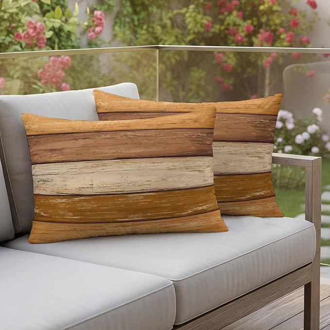 Farmhouse Yellow Brown Outdoor Waterproof Pillow Covers, Vintage Wooden Striped Decorative Rectangle Throw Pillowcase Sofa Cushion Sham for Patio/Couch/Chair, 20"x12" 2 Pack