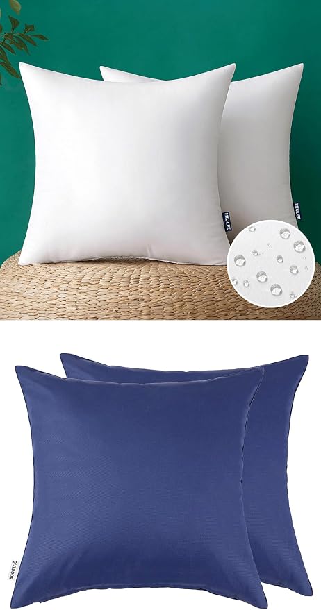 MIULEE Pack of 2 Waterproof Pillow Inserts Bundle Pack of 2 Outdoor Pillow Covers Navy Blue 16x16 Inch