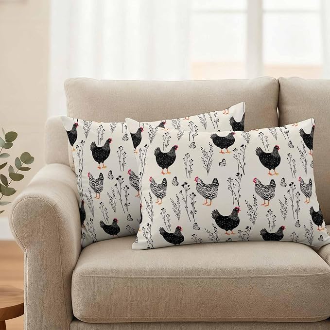 Beige Farm Chicken Outdoor Pillow Covers 20"x12" Set of 2, Country Farmhouse Black White Rooster Flower Leaf Waterproof Throw Pillow Covers for Patio Furniture, Decorative Cushion Covers for Porch