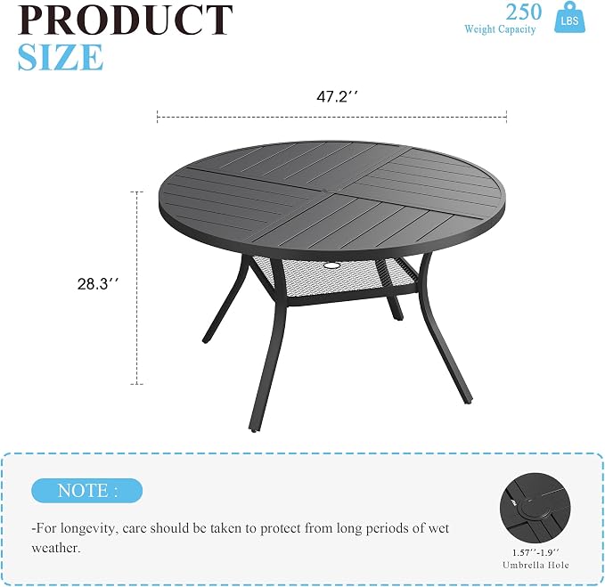 VICLLAX 47.2" Round Patio Table with Umbrella Hole, All Weather Metal Outdoor Dining Table for 6, Outside Table with Storage Shelf for Lawn Garden, Black
