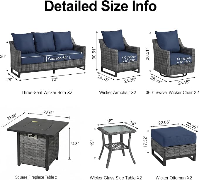 13 Piece Patio Furniture Set with 6" Thick Cushions, Weather-Resistant Wicker Swivel Rocker High Back Chairs and Fire Pit Table for Porch Yard Deck