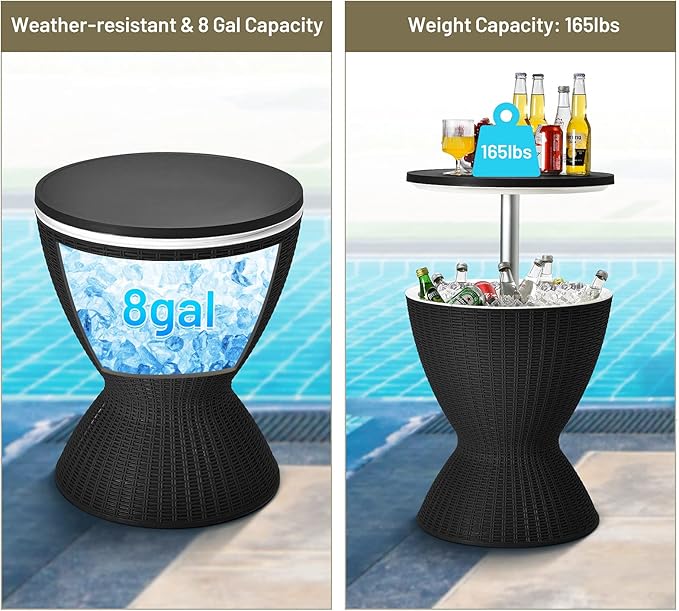 Tangkula Outdoor Cooler Table, Multi-Functional Cooler Bar Table, Adjustable Height Ice Cooler Side Table w/Drain Plug, 8 Gallon Beer & Wine Cooler, Rattan Style Patio Furniture for Pool Parties