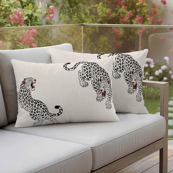 Vandarllin Outdoor Throw Pillows Covers 20x12 inch Set of 2 Waterproof Linen Leopard Decorative Zippered Cushion Covers for Patio Furniture, Bohemian Animal Print Lumbar Pillowcases