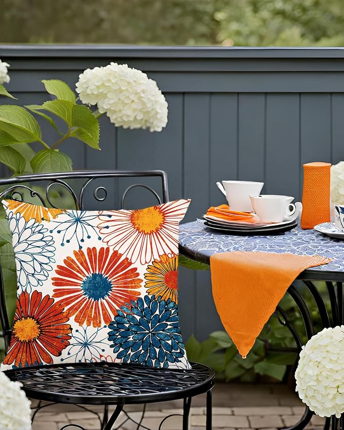 Navy Blue Dahlia Flower Outdoor Waterproof Throw Pillow Covers Set of 2 Abstract Floral Printed Outdoor Pillow Covers for Patio Furniture, Porch, Garden 18x18 Inch