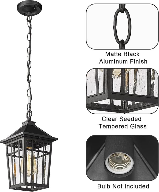 Darkaway Outdoor Pendant Light Fixture, Outdoor Hanging Light Porch Lights Fixtures Anti-Rust Waterproof Aluminum with Seeded Glass for Porch Entryway Doorway Farmhouse Black