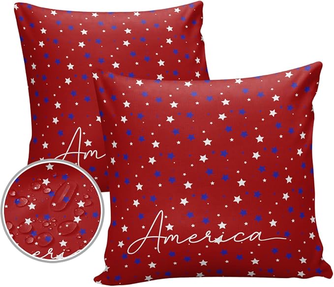 Pentagram Outdoor Pillow Shams Set of 2, Decorative Pillowcases Cushion Case, Soft Throw Pillow Covers Waterproof Pillow Case 26x26 Inch, American Patriotic Stars Red Blue