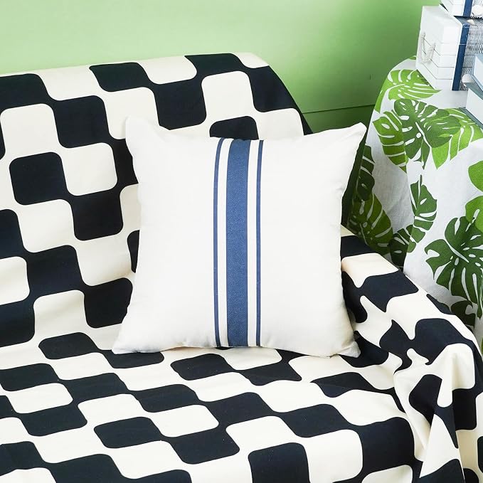 ONWAY Outdoor Pillow Covers Waterproof 16x16 Set of 2 Decorative Linen Throw Pillow Cover Beige and Navy Blue Striped Outdoor Pillows for Patio Furniture