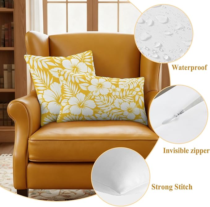 Yellow Hibiscus Flowers Waterproof Outdoor Pillow Covers Set of 2 Home Decor, Tropical Monstera Leaves Pillowcase Patio Pillow Covers for Couch Bench Patio Furniture Garden 18x18in