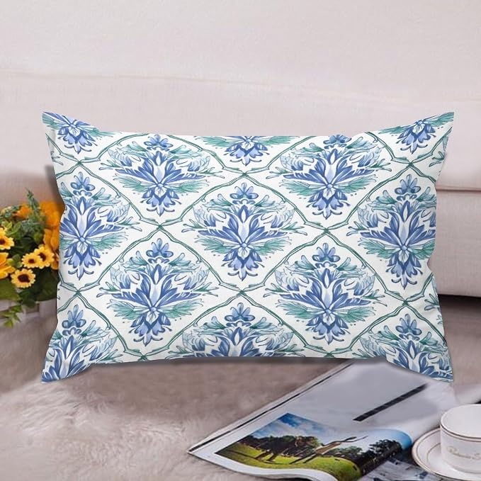 Set of 2 Blue and Green Floral Pattern Pillow Cases 12x18in Cushion Covers Farmhouse Pillows Covers for Couch Living Room Office Soft Rectangle Accent Pillowcase for Kids