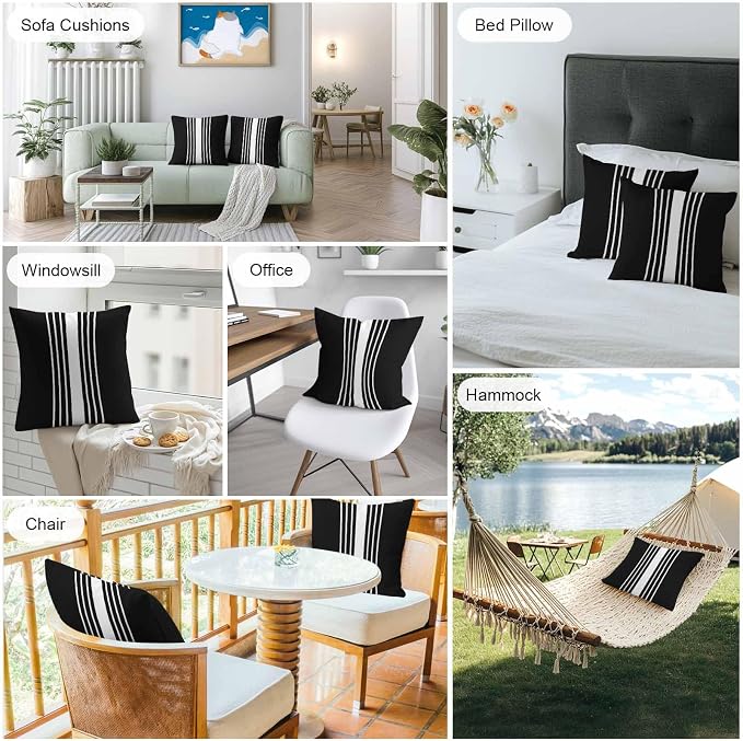Black White Stripe Outdoor Pillow Covers 18x18 Inch Throw Pillow Covers Set of 2 Waterproof Decorative Pillow Cases Modern Rustic Vertical Striped Cushion Covers for Patio Furniture Garden Couch Sofa