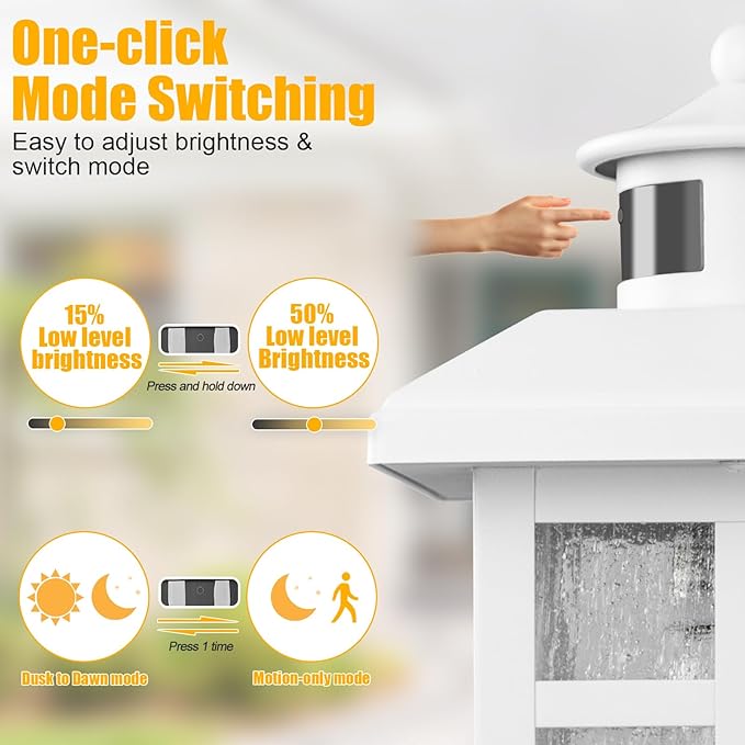 Brilvibera Dawn to Dusk Motion Sensor Exterior Wall Light Fixtures | Exterior Wall Mount with E26 Sockets & Tempered Glass, Waterproof Outdoor & Indoor Lights for House, Porch, Garage, White