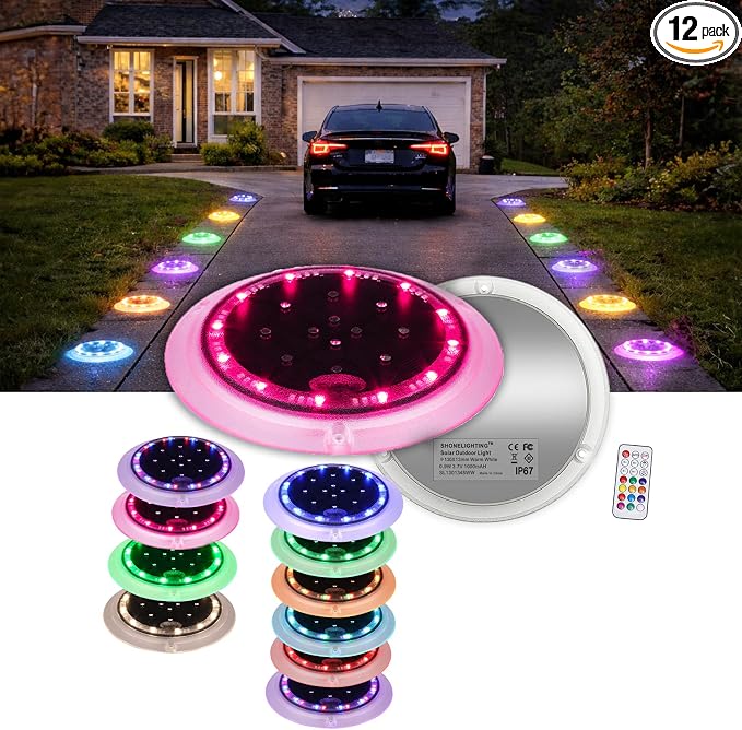 Solar Driveway Lights, 48 LEDs Deck Disc Light, RGB-W, 12Pk | 48 LEDs, Flat Low Profile, Outdoor Waterproof, Car Weight Bearing, Sundeck, Dock, Pool, Path, Sidewalk, 12-Color Changing