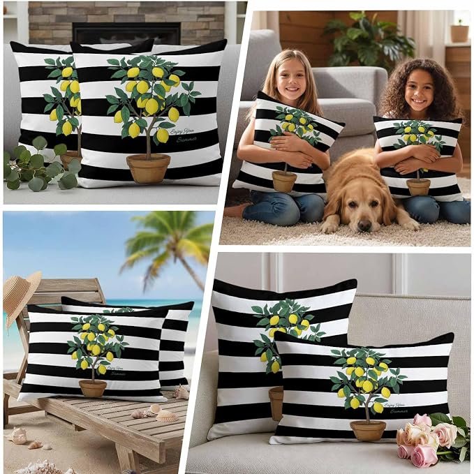 Summer Lemons Outdoor Waterproof Pillow Covers Set of 2, Yellow Fruit Leaf Black White Striped Abstract Pillowcase Decorative Throw Cushion Cases for Patio Garden Couch 20 x 12 Inches