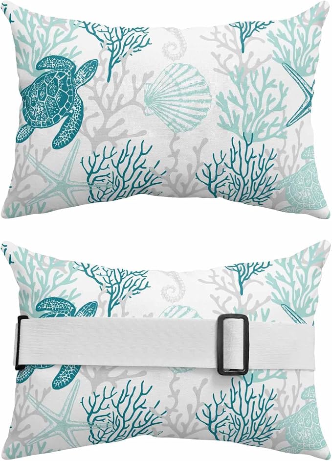 Lumbar Pillow Covers Set of 2, Turquoise Coastal Waterproof Outdoor Chaise Lounge Pillow Covers with Elastic Strap, Sea Turtle Nautical Coral Summer Beach Headrest Pillowcase for Patio, 12 x 20