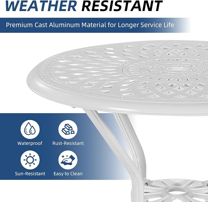 Outdoor Cast Aluminum Bar Table, 31" Patio Bar Height Table with 2" Umbrella Hole, All Weather High Top Bistro Round Dining Table for Outside Deck Porch Balcony Poolside, White