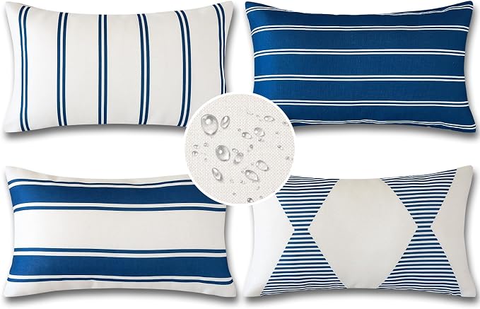 OTOSTAR Outdoor Decorative Pillow Covers Waterproof Garden Throw Pillow Covers 12x20 Inch Cushion Case Geometry Pillowcases Pillows Shell for Patio Furniture Couch Tent Balcony Pack of 4 (Navy Blue)