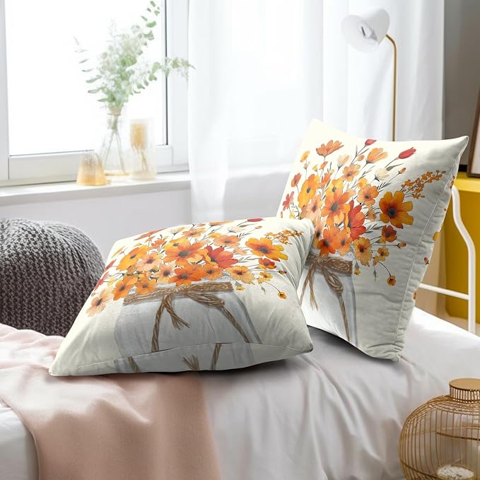 Watercolor Floral Throw Pillow Covers 20 x 20 Inches Set of 2 - Orange Flower Autumn Season Accent Square Cotton Linen Pillowcase for Sofa Home Decor Bedroom Living Room
