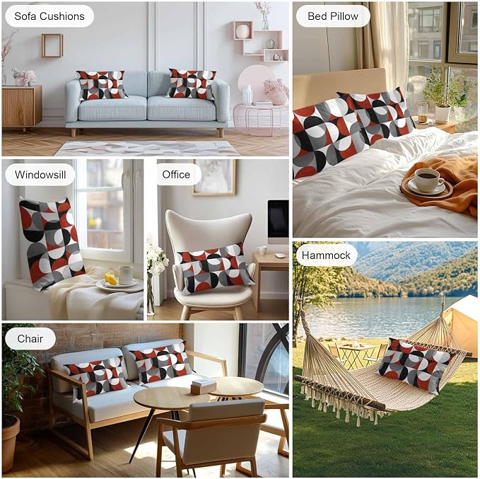 Vandarllin Outdoor Throw Pillows Covers 20x12 inch Set of 2 Waterproof Mid Century Geometric Decorative Zippered Cushion Covers for Patio Furniture, Abstract Modern Red Lumbar Pillowcases