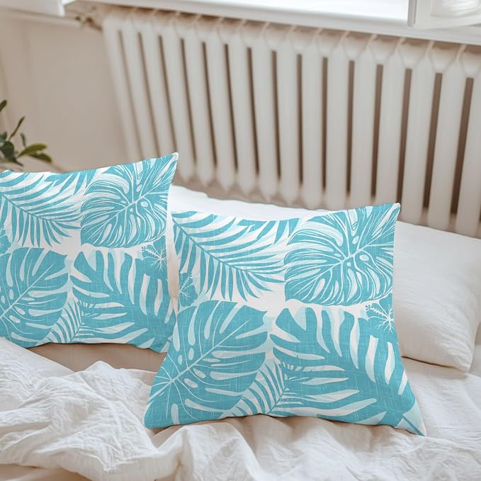 Aqua Blue Palm Leaves Outdoor Pillow Covers 26"x26" Set of 2, Tropical Botanical Minimalist Modern Waterproof Throw Pillow Covers for Patio Furniture, Decorative Cushion Covers for Porch