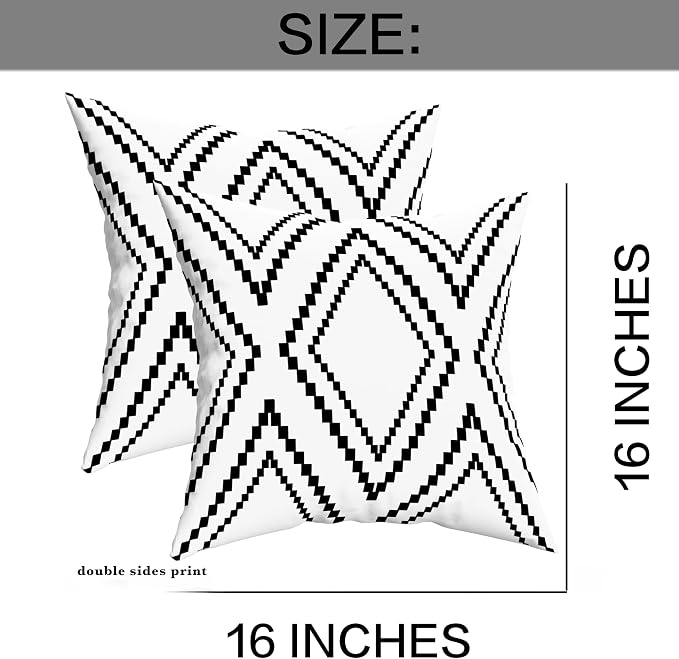 Outdoor Pillow Waterproof Cover Set of 2, Black and White Throw Pillows Boho for Patio Furniture, Outdoor Pillow Covers for Couch White (Black&White-02, 16x16 Inch)