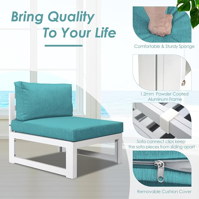 RADIATA 6 Seater Extra Large Modern Aluminum Outdoor Sofa with Lay Out Chair & Fire Pit Table, 500 lbs Durable Sectional Set for Heavy People, All Weather Comfy Patio Furniture Set for Backyard, Teal
