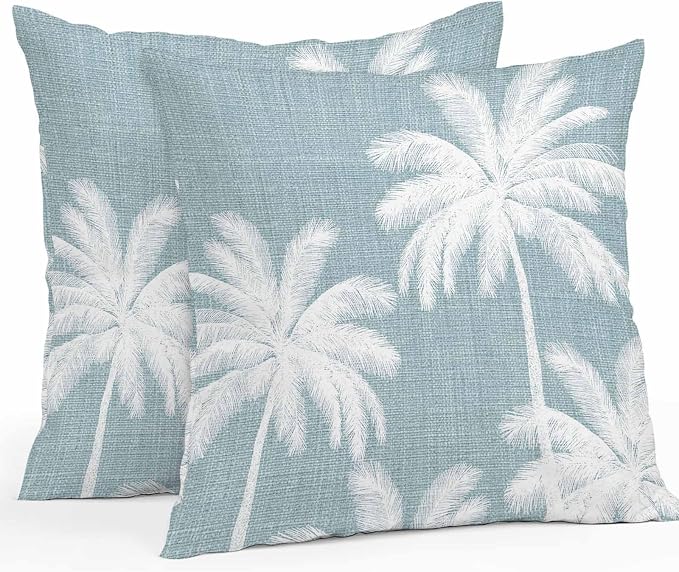 Outdoor Pillow Covers 18x18 Inch Set of 2, Grey Blue Palm Trees Waterproof Throw Pillow Covers, Farmhouse Tropical Summer Beach Decorative Cushion Pillowcases for Couch, Sofa, Bed, Garden, Patio