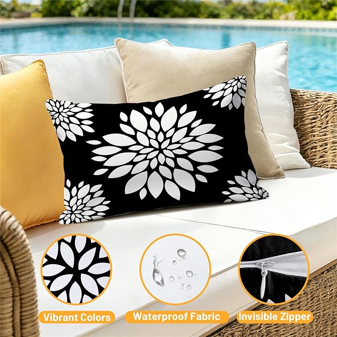 Outdoor Waterproof Throw Pillow Covers 12x20 Set of 4 Black and White Aesthetic Boho Decorative Cushion Cases for Patio Furniture Garden Porch Bench Couch Sunbrella