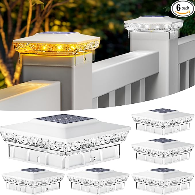 btfarm 4x4 Solar Post Cap Lights Outdoor, 2 Modes 16 LED Fence Deck Post Lights, 6 Pack Waterproof White Solar Powered Lighting Outside Fit 4x4 3.5x3.5 Wooden/Vinyl for Porch Patio Garden