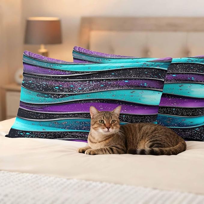 JasmineM Outdoor Pillow Cover 12x20 Inches Set of 2 Abstract Purple Teal Wave Waterproof Throw Pillow Covers Modern Black Strips Decorative Pillowcases Garden Cushion Case for Patio Couch Sofa
