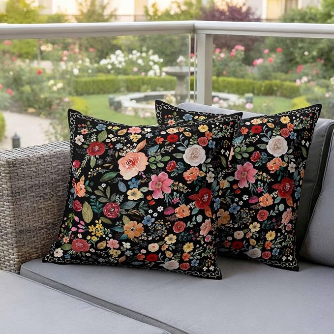 Watercolor Flowers Waterproof Outdoor Pillow Covers 16''x16'' Set of 2, Farmhouse Floral Patio Furniture Black Cushion Covers for Chairs, Decorative Vintage Wildflowers Pillow Cases for Garden/Pool