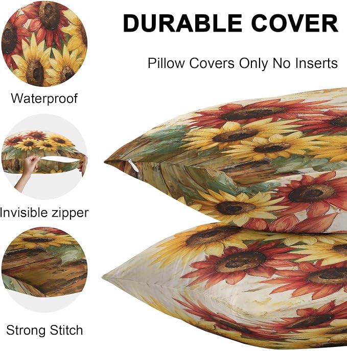 Retro Farmhouse Red Yellow Sunflower Outdoor Pillow Covers 16x16in Pack of 2 Waterproof Pillowcase Vintage Rustic Wood Floral Decorative Throw Cushion Case for Patio Couch Sofa