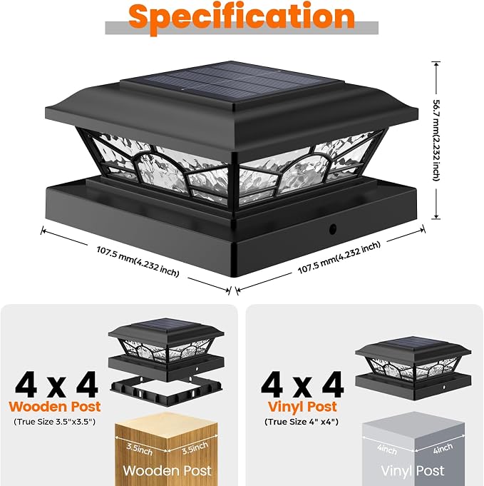 4x4 3.5x3.5 Solar Post Cap Lights 12-Pack Black | 2 Modes (Warm/Cool White), 16LEDs, for Wooden/Vinyl Posts, IP65 Waterproof, Outdoor, for Fence, Deck, Patio, Yard, Porch