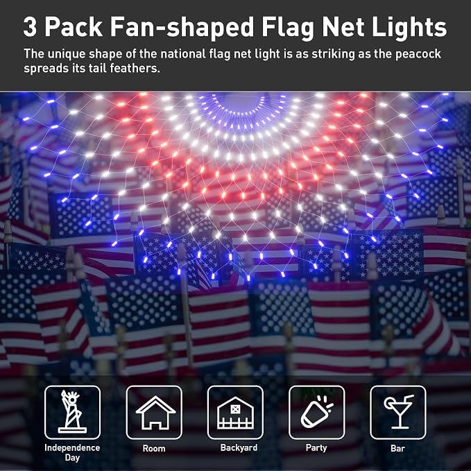 Leisure world 3 Pack 450 LED American Flag Bunting Flags Lights - Super Bright Waterproof USA String Lights for Patriotic Decoration on USA 250 Anniversary, July 4th,Memorial Day,Christmas & Party