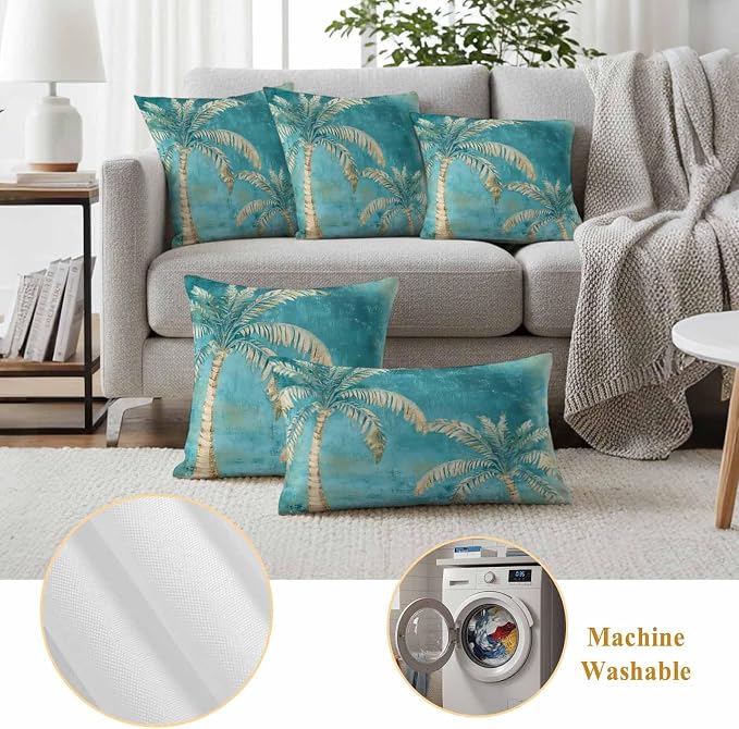 Coastal Beach Palm Tree Outdoor Waterproof Pillow Covers, Retro Teal Decorative Square Throw Pillowcase, Tropical Plant Summer Sofa Cushion Sham for Patio/Couch/Chair, 18"x18" 2 Pack