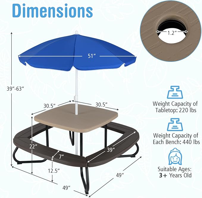 HONEY JOY Kids Picnic Table, 8 Person Toddler Outdoor Table and Chair Set, 4 Built-in Benches, Removable Umbrella, Metal Frame & HDPE Top, Children Outdoor Furniture for Backyard Patio Garden (Coffee)