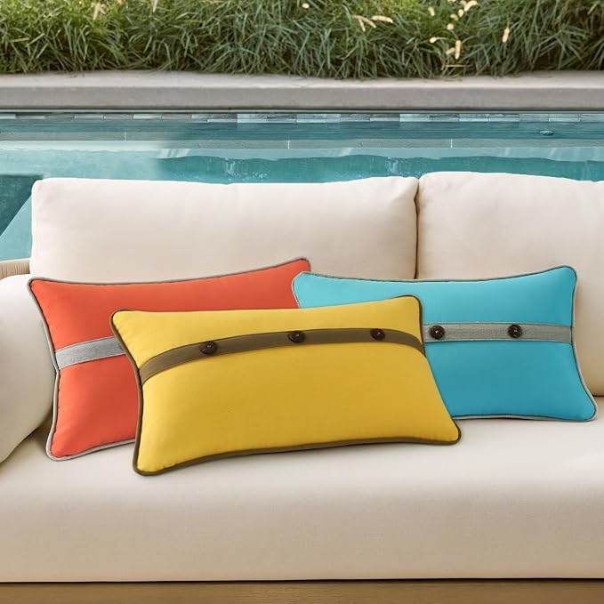 Outdoor Sunbrella Decorative Pillows with Triple Coconut Buttons Pack of 4, 20" x 12" Outdoor Pillow Set for Couch Bed Throw Patio Sofa, Canvas Melon/Cast Ash