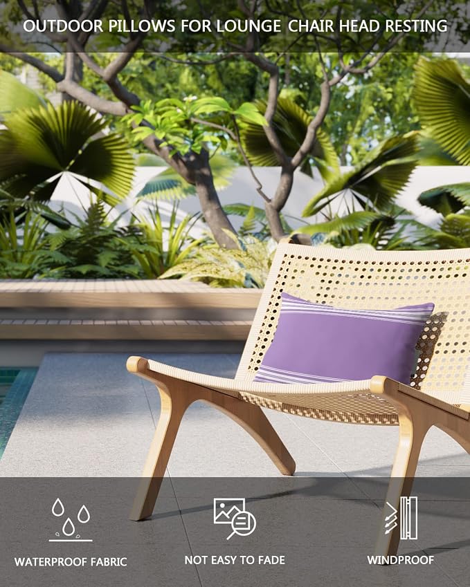 Recliner Head Pillows Lounge Chair Pillows with Insert Farmhouse Purple White Stripe Lumbar Pillow with Adjustable Strap Outdoor Waterproof Patio Pillows for Couch Beach Pool Chair, 1PCS, 12x20in