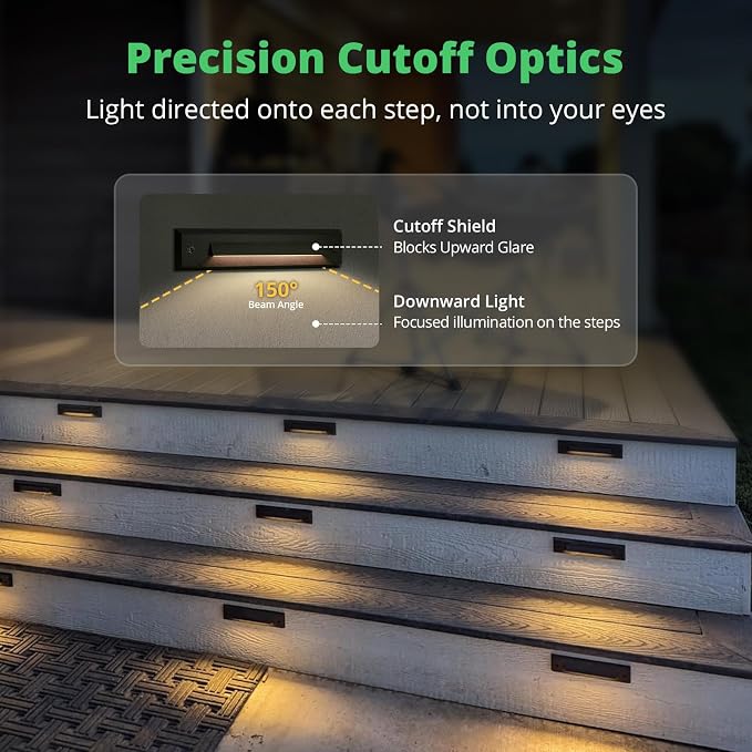 6-Pack Low Voltage 9-15V AC/DC LED Linear Step Lights, 2W Landscape Cutoff Stair Riser Light, Outdoor Waterproof Accent Lighting Fixtures, Die-cast Aluminum with Black Powder Coated Finish