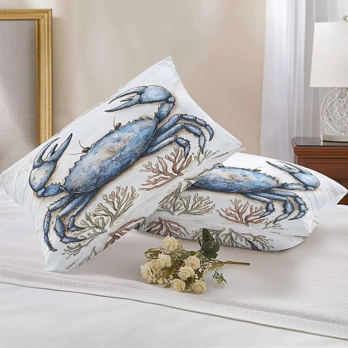 Blue Crab Coastal Outdoor Waterproof Pillow Covers, Nautical Summer Coral Ocean Beach Decorative Rectangle Throw Pillowcase Sofa Cushion Sham for Patio/Couch/Chair, 20"x12" 2 Pack