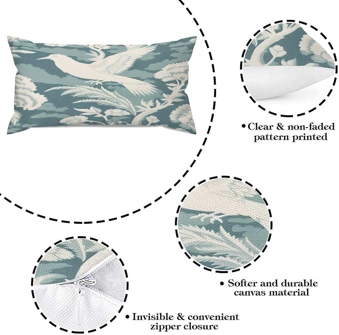 Set of 2 Blue Turquoise and White Birds Plant Pillow Covers 12x24in Farmhouse Canvas Cushion Covers Outdoor for Couch Chair Home Decor for Family Friends