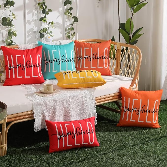 DFXSZ Dirty Orange Outdoor Waterproof Pillow Covers 20x20 Set of 2 | Hello Sunshine Decor Summer Fall Polyester Pillow Covers(NO INSERTS)| Decor for Patio Funiture Garden Sofa Couch