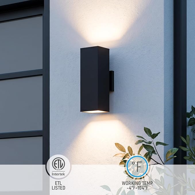 LEONLITE 2-Pack 18" Outdoor Rectangular Wall Light, Up and Down, E26 Base | Modern Porch Patio Lights, Waterproof Wall Sconce, Exterior Light Fixture Wall Mount, Aluminum, Matte Black, ETL Listed
