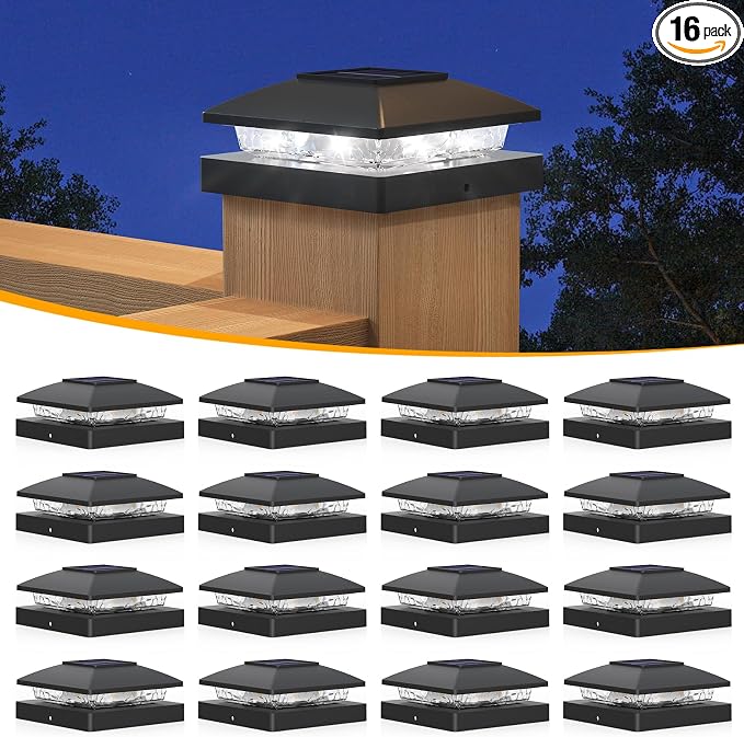 APONUO Solar Post Cap Lights for 4x4 Posts - IP64 Waterproof, 6500K LED, No-Wire Fence Lights & Deck Lights for Patio Garden Yard Patio, Black-Cool White, 16 Pack