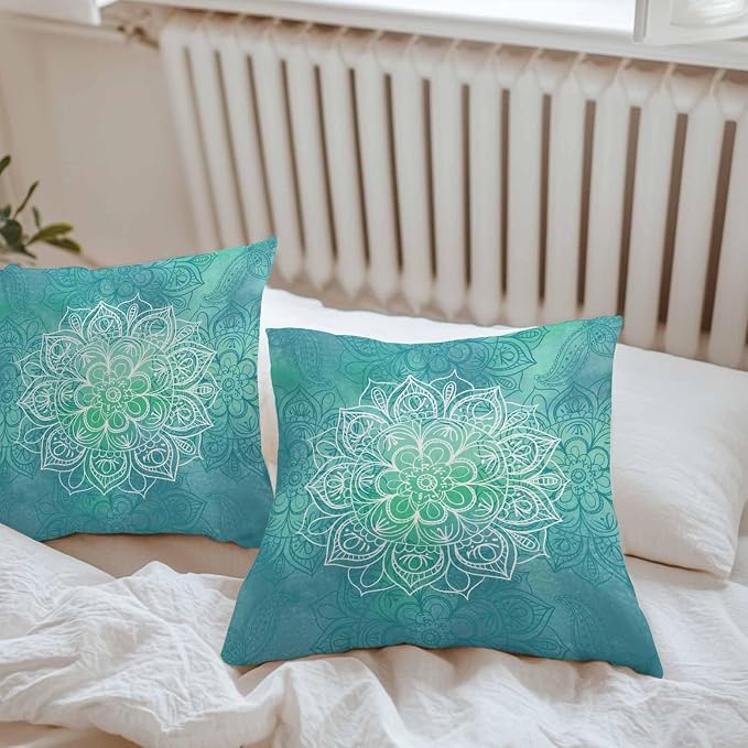 Vandarllin Outdoor Throw Pillows Covers 24x24 inch Set of 2 Waterproof Turquoise Boho Floral Decorative Zippered Cushion Covers for Patio Furniture, Bohemian Flower Lumbar Pillowcases