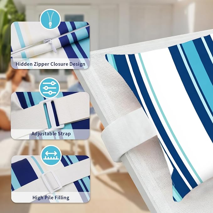 Outdoor Pillows for Lounge Chair Head Resting 2 Pack Waterproof | Headrest Lumbar Pillows with Adjustable Strap for Recliner Beach Pool Lounger Chair, Blue Stripes