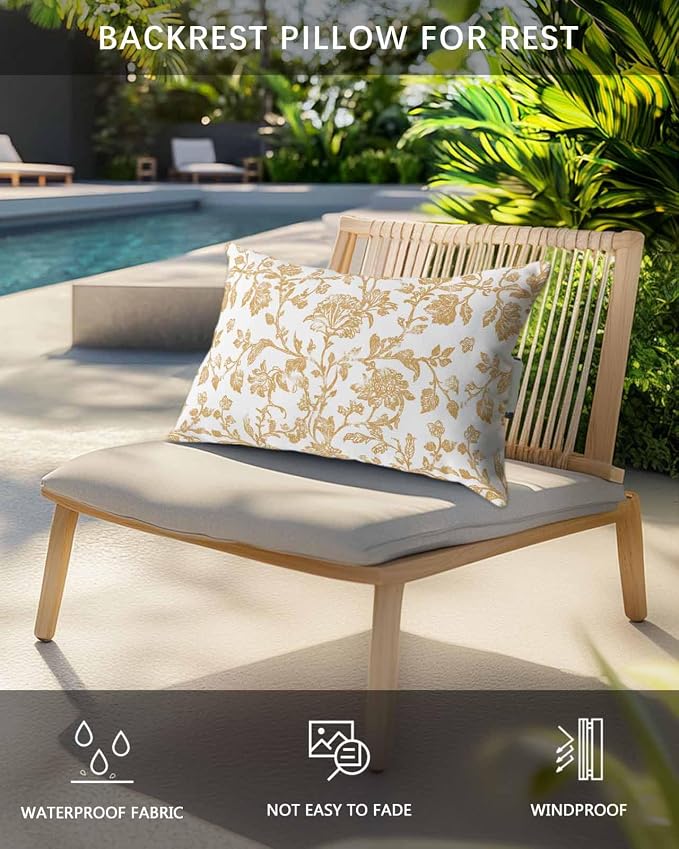 Pack of 2 Outdoor Lumbar Pillow Covers 12x20 Inch, Orange Flower Waterproof Throw Pillow Covers Set, Vintage Farmhouse Boho Leaf Spring Plant Indoor&Outdoor Cushion Cases for Patio Porch Beach