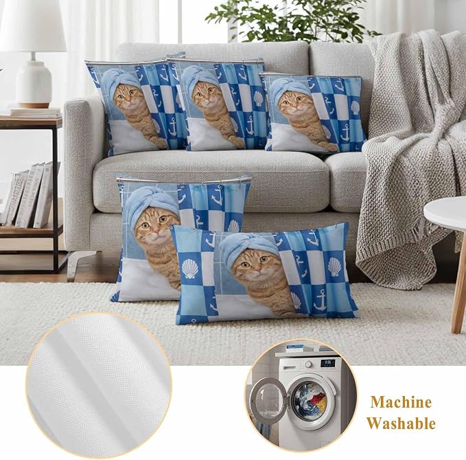 Bathing Cat Waterproof Outdoor Pillow Covers Set of 2 Home Decor, Funny Animal Showering Pillowcase Patio Pillow Covers for Couch Bench Patio Furniture Garden 24x24in