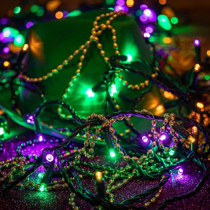 Novelty Lights 50ft 100 LED Yellow, Purple & Green Mardi Gras Lights