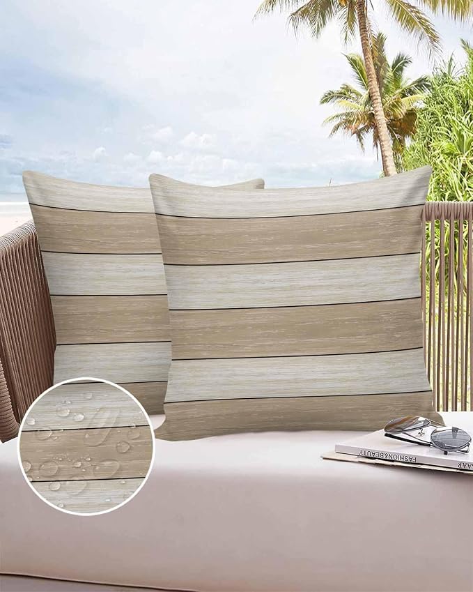 Vandarllin Outdoor Throw Pillow Covers 26X26 Set of 2 Waterproof Ivory White Beige Decorative Zippered Cushion Covers for Patio Furniture, Farmhouse Retro Rustic Barn Wood Texture Lumbar Pillowcases