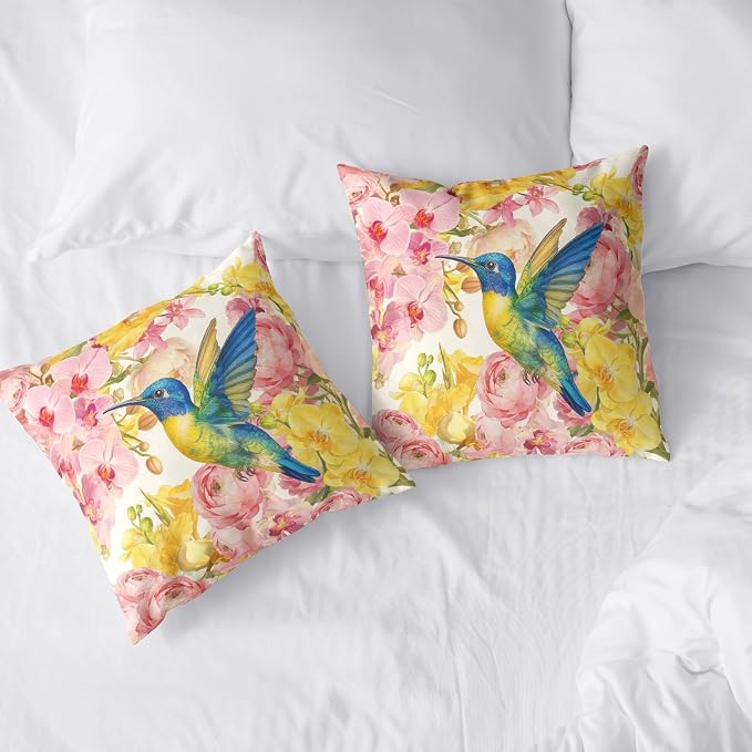 Spring Pillow Covers 16x16 Set of 2 Pink Yellow Moth Orchid Buttercup Floral Pillow Case Hummingbird Throw Pillow Covers for Home Decor Couch Sofa